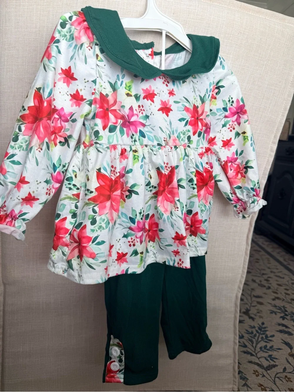 Girls Floral Green Collared Set - Holiday Tunic & Leggings